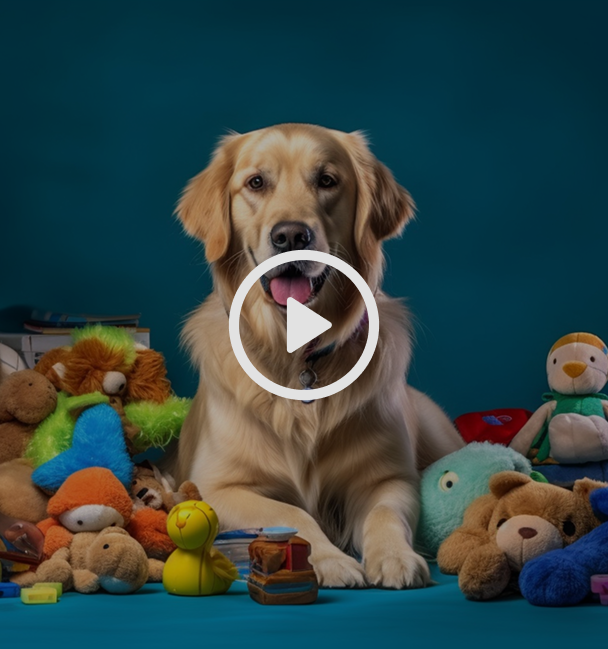 dog sitting with several toys scattered around